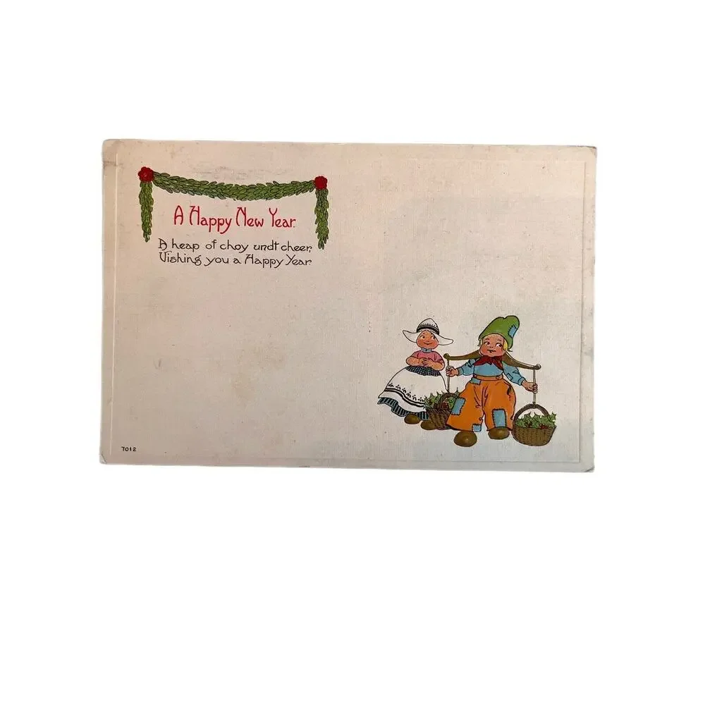 Antique 1919 Ephemera Postcard New Year Wishes Dutch Girl Boy Humor E Bergman